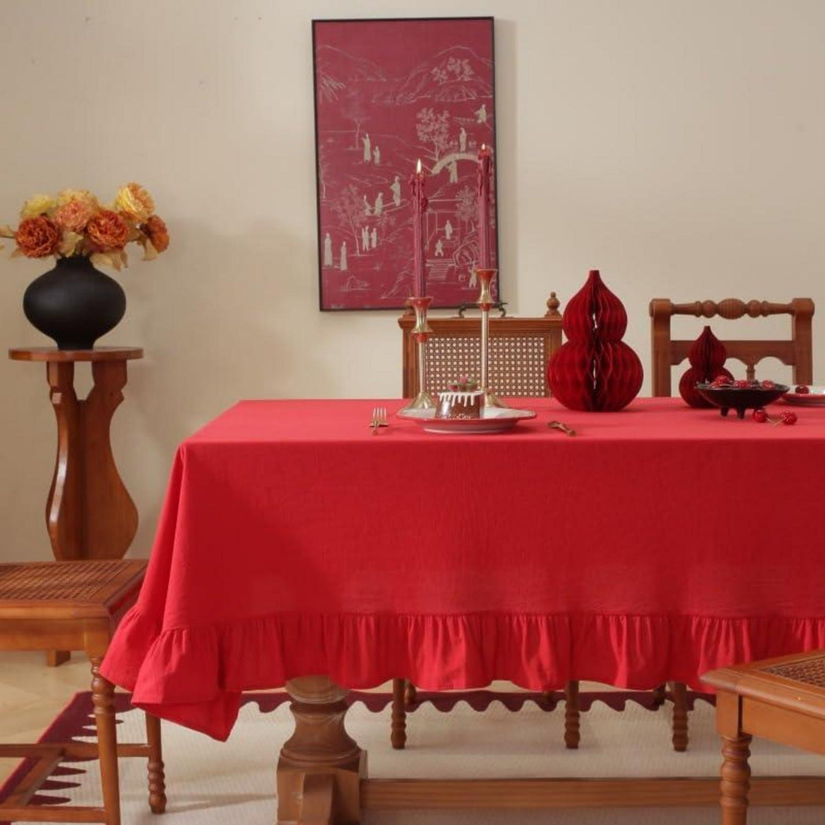 Baumwoll-Leinen Tischdecke Rüschen 140x300cm – Rot, Landhausstil