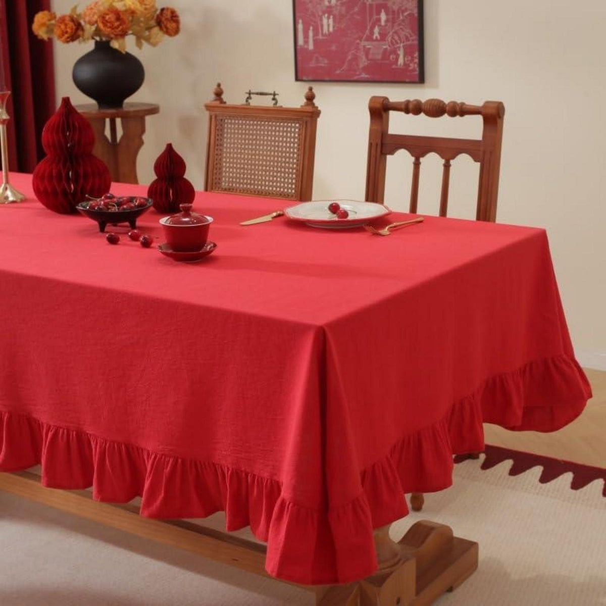 Baumwoll-Leinen Tischdecke Rüschen 140x300cm – Rot, Landhausstil