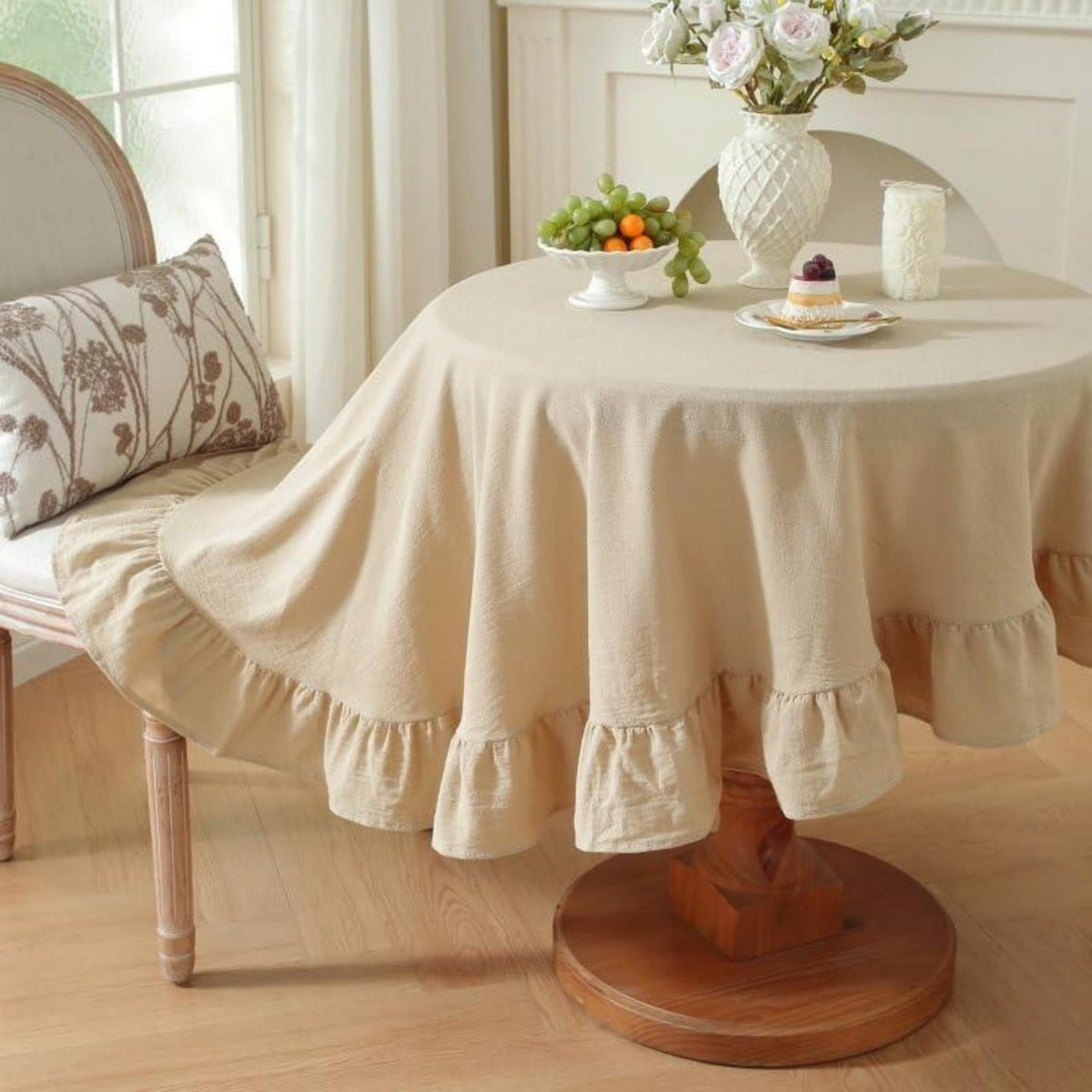 Baumwoll-Leinen Tischdecke Rüschen 140x300cm – Landhausstil