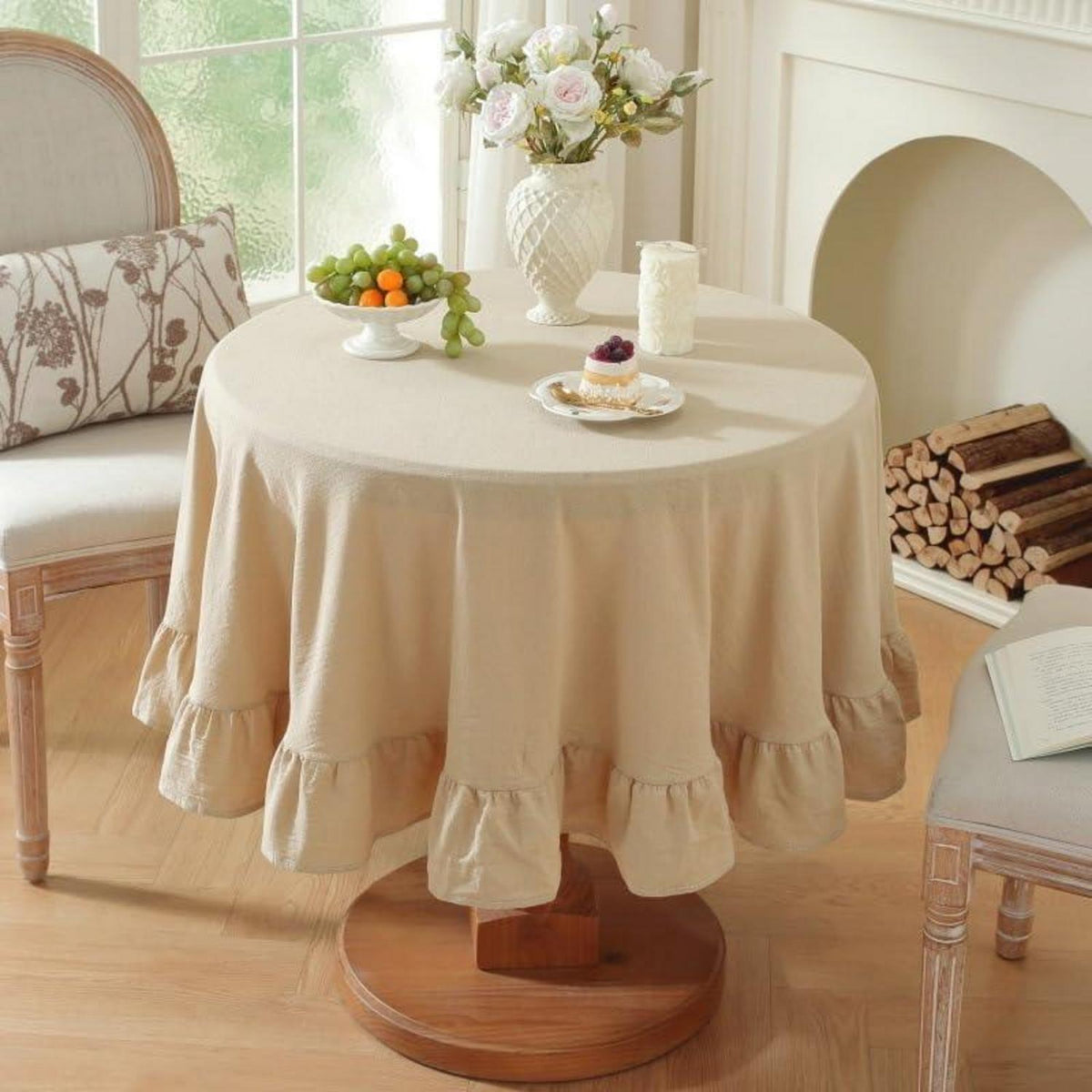 Baumwoll-Leinen Tischdecke Rüschen 140x300cm – Landhausstil