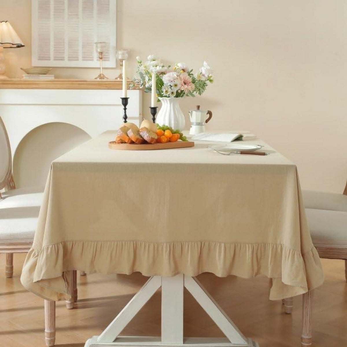 Baumwoll-Leinen Tischdecke Rüschen 140x300cm – Landhausstil