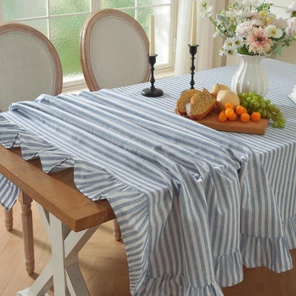 Baumwoll-Leinen Tischdecke Rüschen 140x300cm – Blau-Weiß, Landhausstil