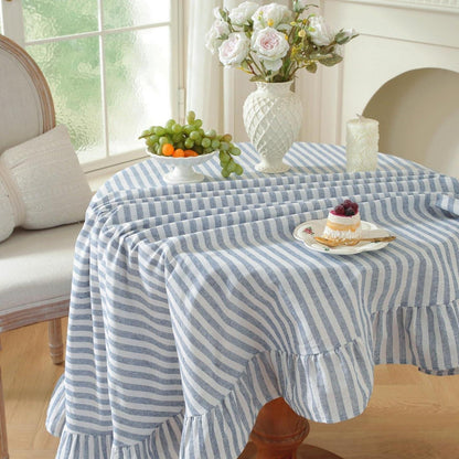 Baumwoll-Leinen Tischdecke Rüschen 140x300cm – Blau-Weiß, Landhausstil
