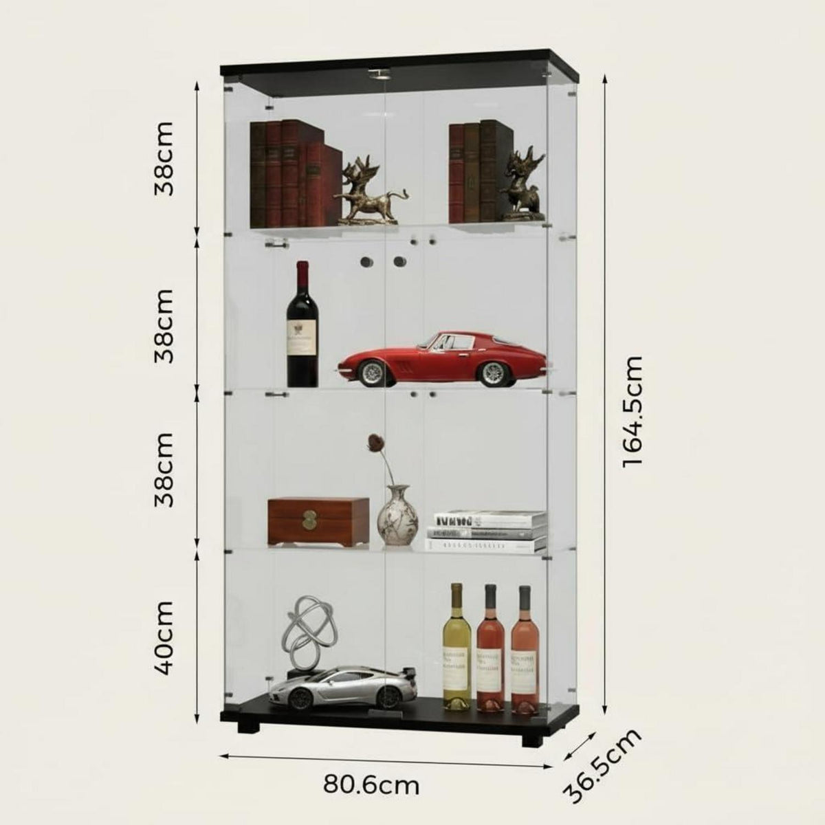 Glasvitrine Schwarz – Stehend, 164,5 x 80,6 x 36,5 cm