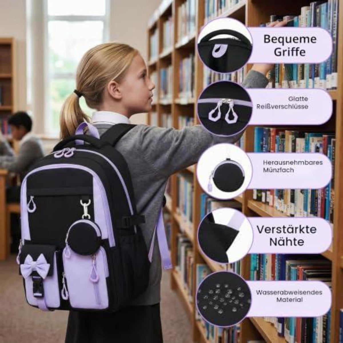 Schulrucksack Mädchen 3.-7. Klasse mit Trolley-Gurt Lila Schwarz