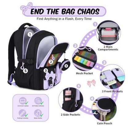 Schulrucksack Mädchen 3.-7. Klasse mit Trolley-Gurt Lila Schwarz