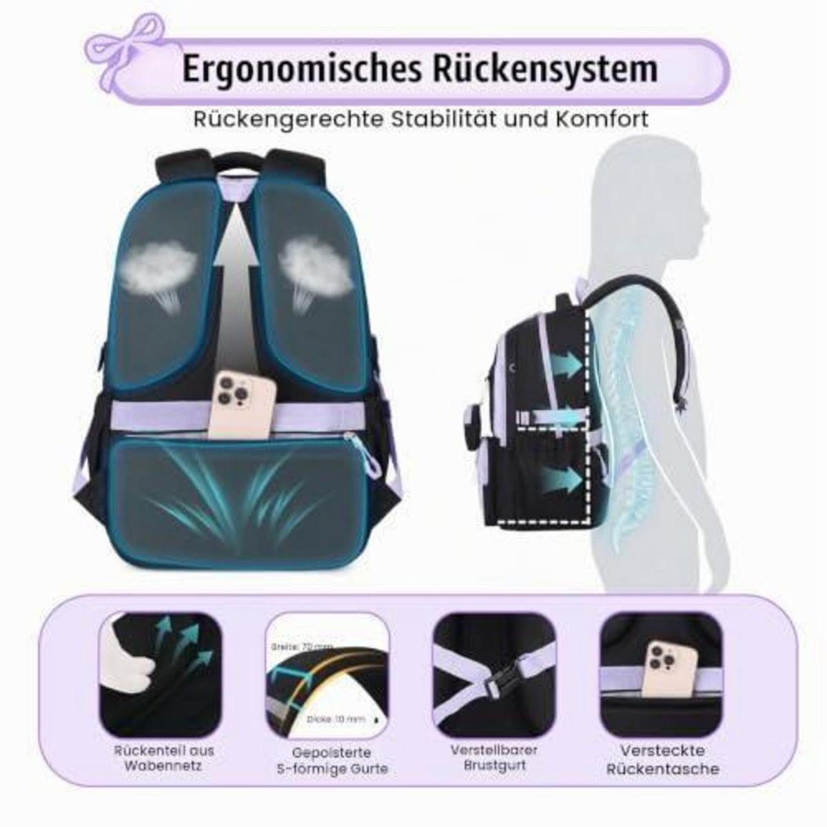 Schulrucksack Mädchen 3.-7. Klasse mit Trolley-Gurt Lila Schwarz