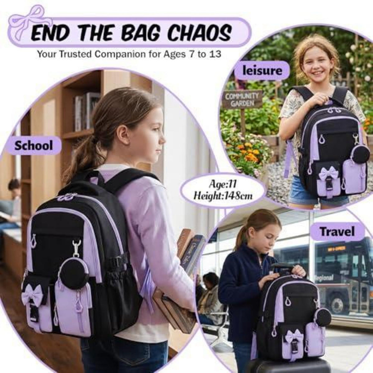 Schulrucksack Mädchen 3.-7. Klasse mit Trolley-Gurt Lila Schwarz