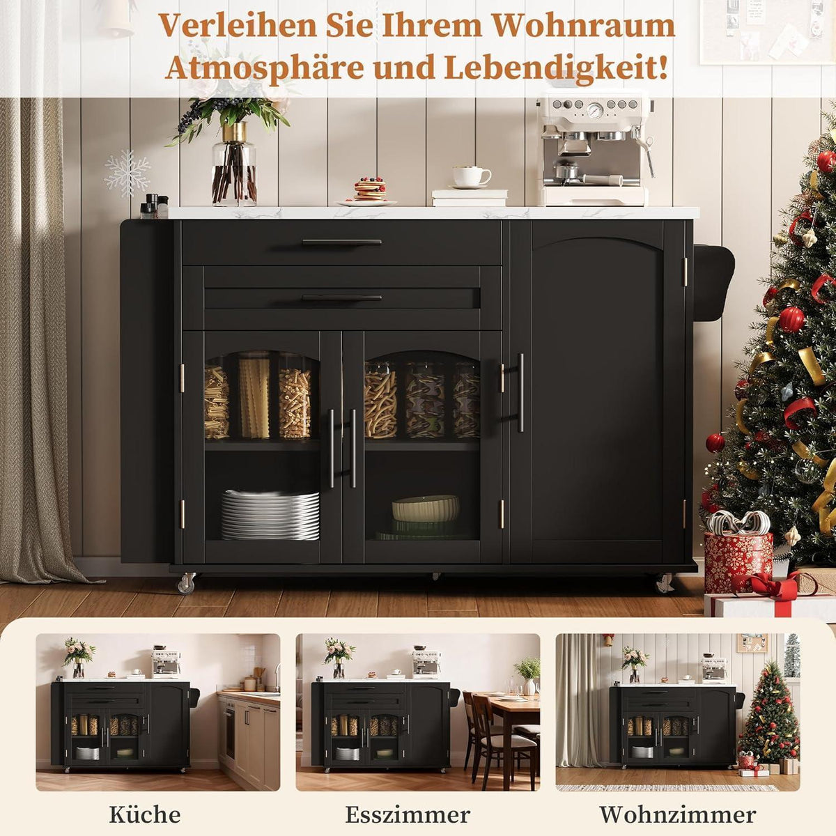 Küchenwagen mit Klappplatte & Glastüren – Schwarz