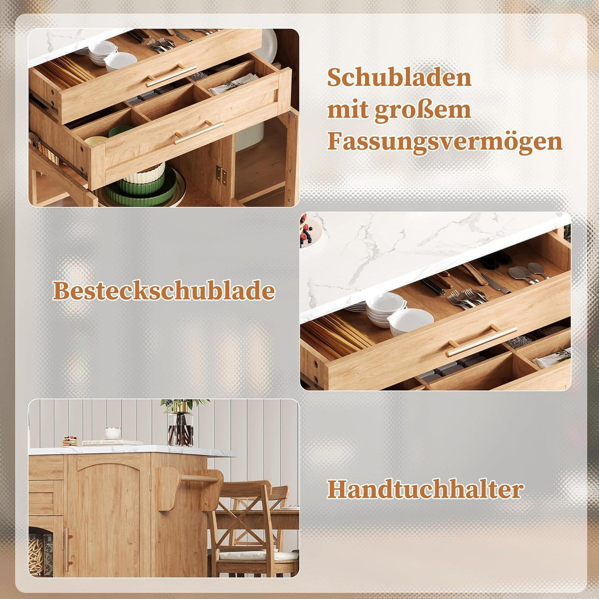 Küchenwagen mit Klappplatte & Glastüren – Mobile Kücheninsel Natural