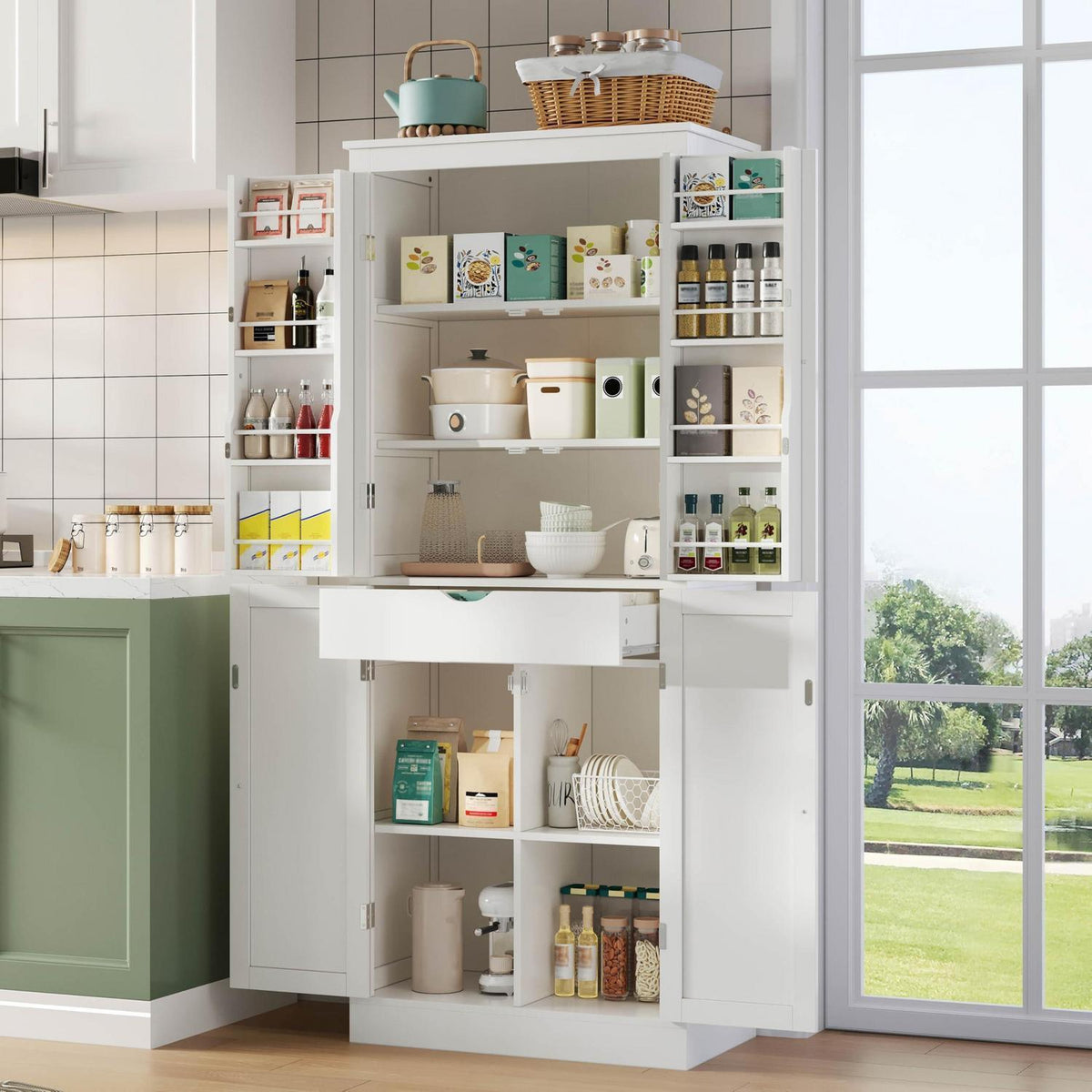 Multifunktionaler Küchenschrank mit Schublade & Regalen, Weiß