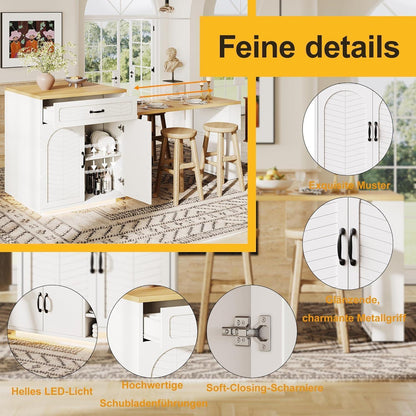 Kücheninsel mit Ausziehtisch, 2 Schubladen & 4 Türen – Weiß/Schwarz