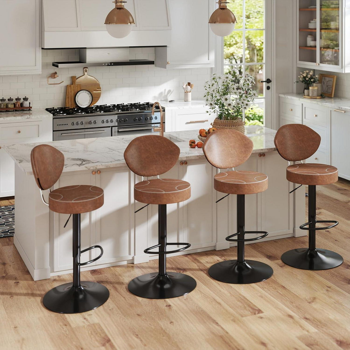 Höhenverstellbarer Barhocker mit Rückenlehne – 4er Set Braun