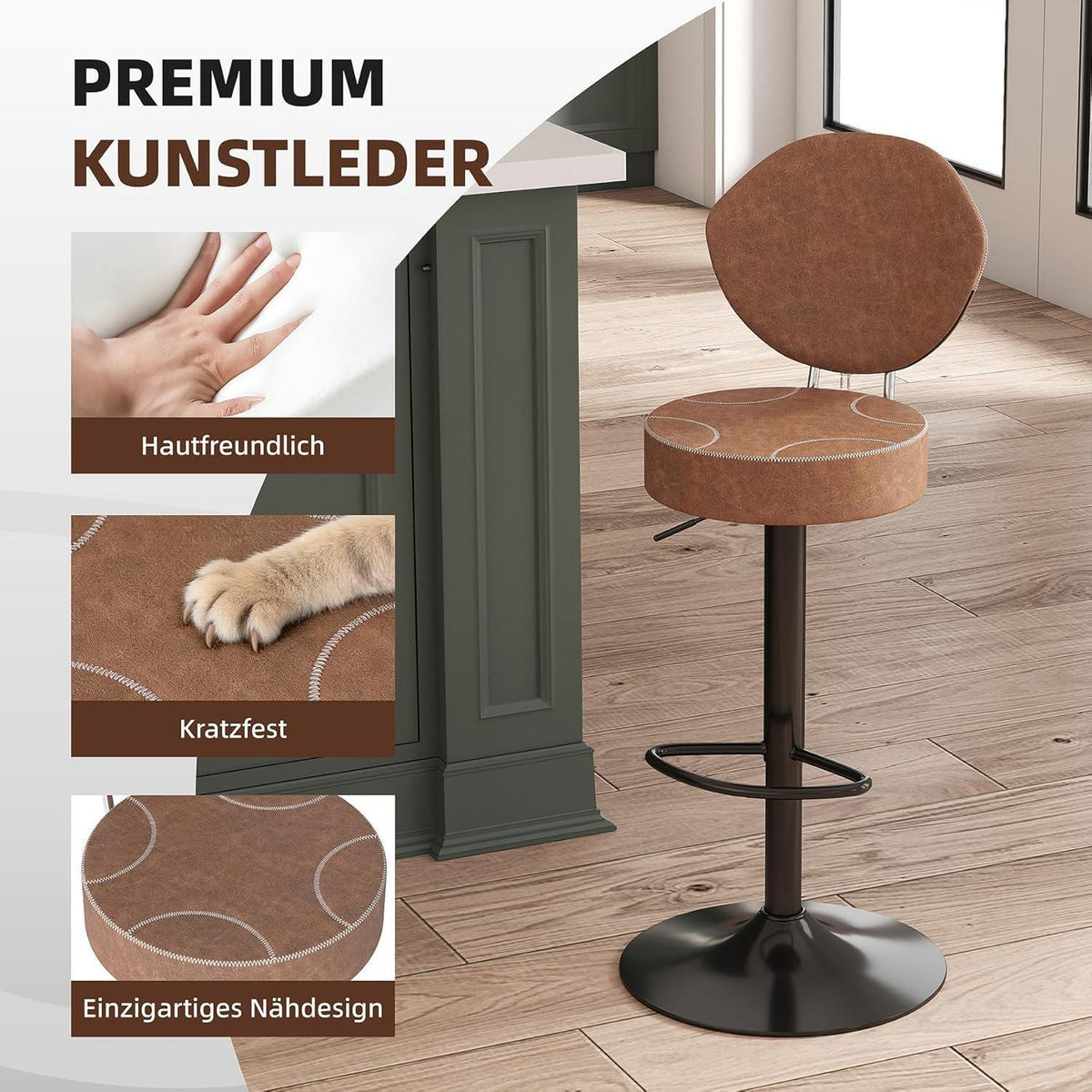 Höhenverstellbarer Barhocker mit Rückenlehne – 4er Set Braun