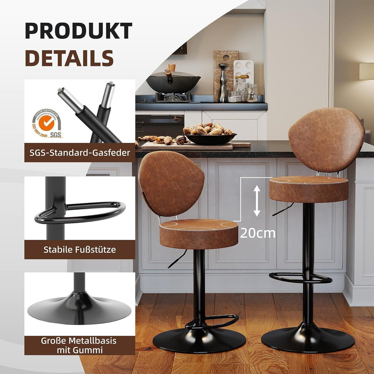 Höhenverstellbarer Barhocker mit Rückenlehne – 4er Set Braun