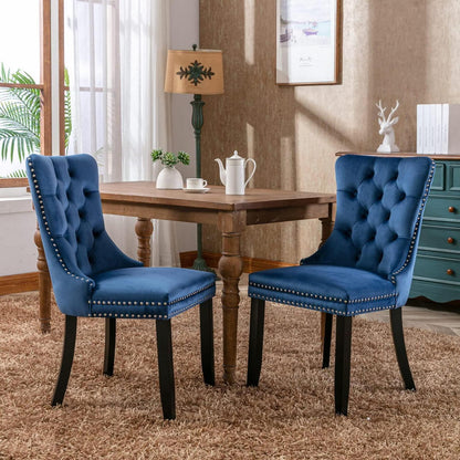 Esszimmerstühle 2er Set Samt, Blau mit Holzbeinen & Nieten