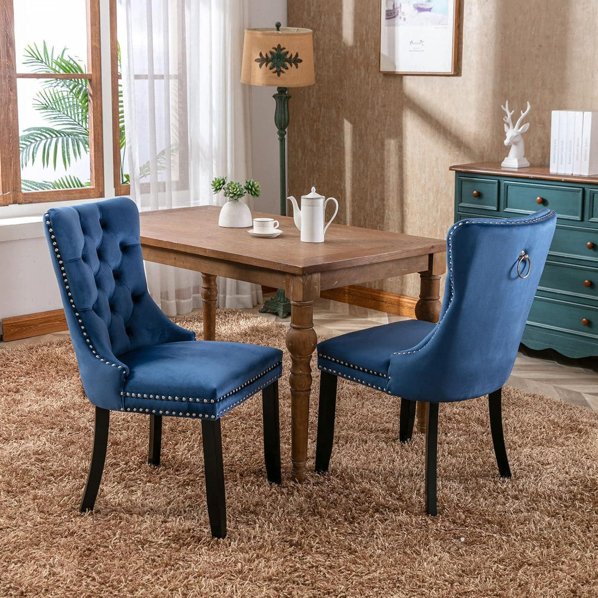 Esszimmerstühle 2er Set Samt, Blau mit Holzbeinen & Nieten