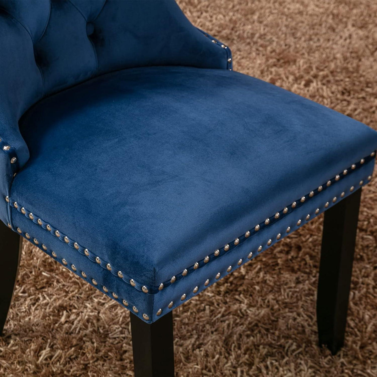 Esszimmerstühle 2er Set Samt, Blau mit Holzbeinen & Nieten