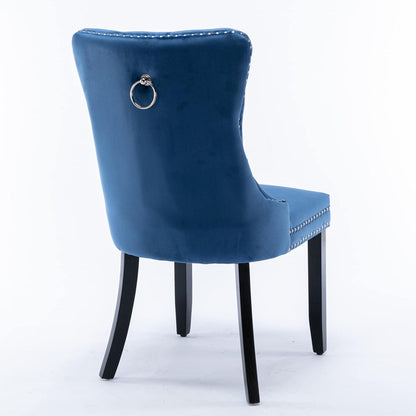 Esszimmerstühle 2er Set Samt, Blau mit Holzbeinen & Nieten