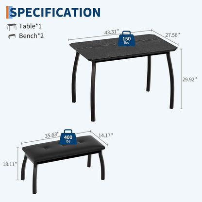 Esszimmer Set mit Banken | Küchentisch Holz 110x70x76 cm Schwarz