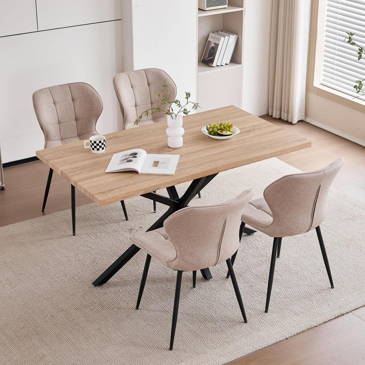 Modernes Esszimmer-Set: Tisch (140x80cm) + 4 Khaki Leinenstühle