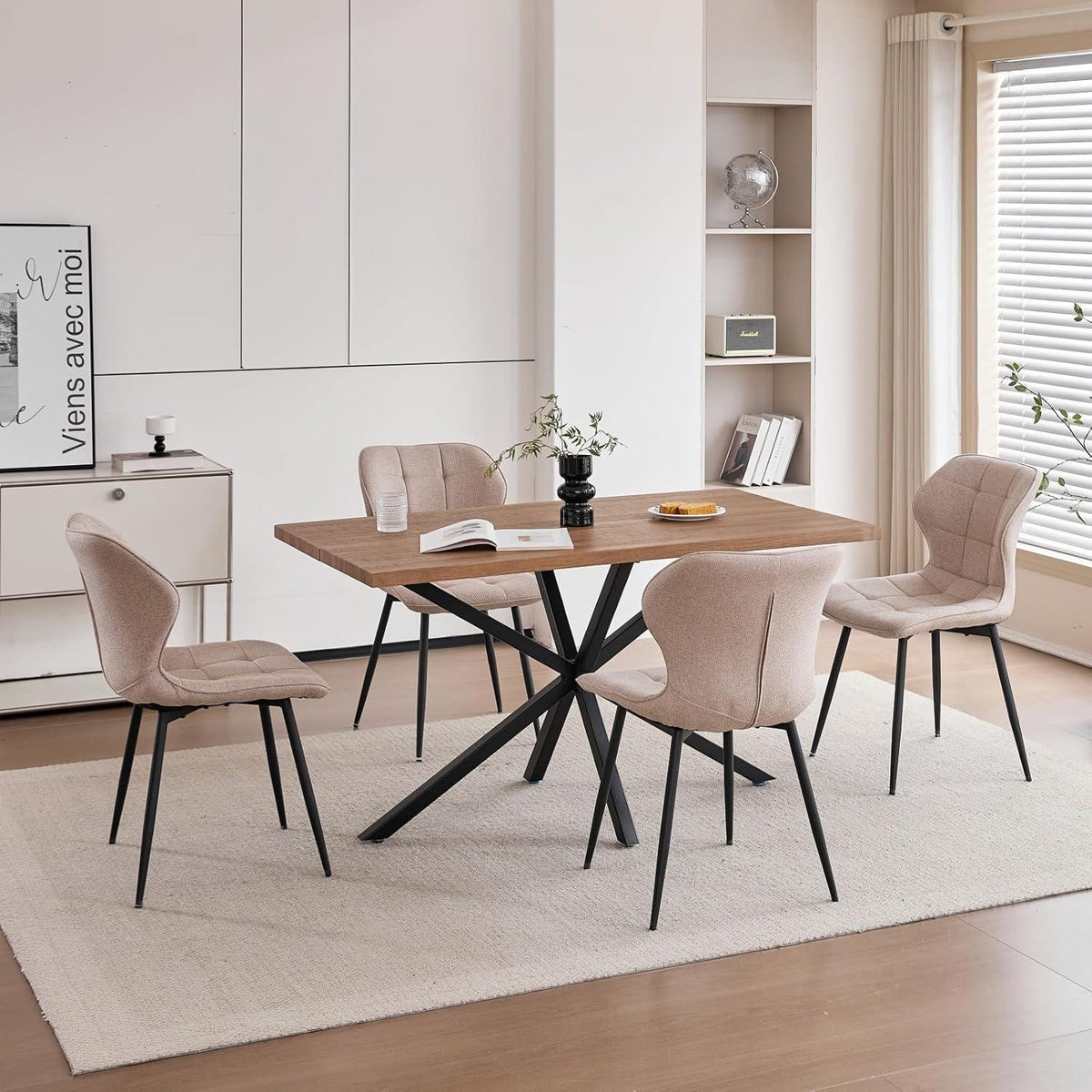 Modernes Esszimmer-Set: Dunkler Holztisch (140x80cm) + 4 Khaki Stühle