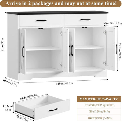 Sideboard 120cm mit Arbeitsplatte – Küchenschrank Weiß & Schwarz