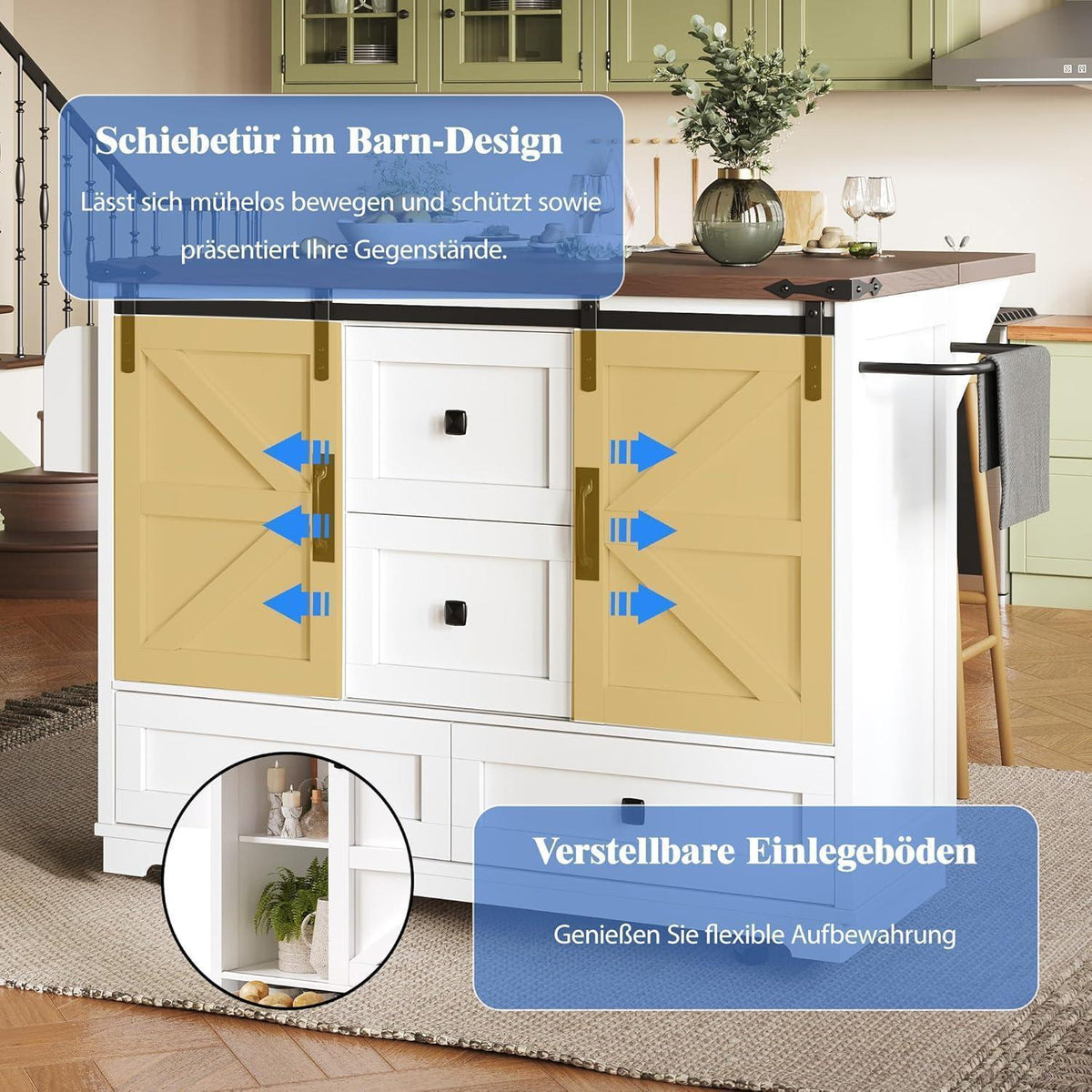 Küchenwagen mit Klappplatte & Regalen – Mobile Kücheninsel Weiß