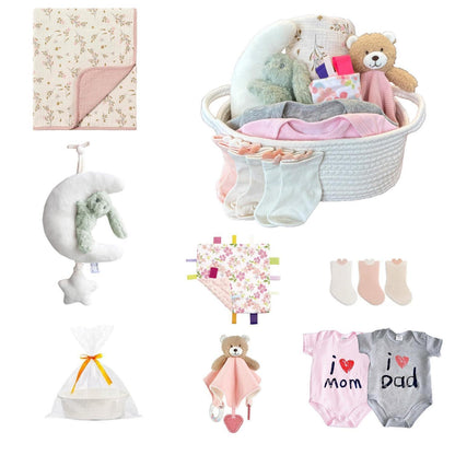Baby Geschenkset Neugeborene – Rosa Decke, Taggie & Kuscheltier