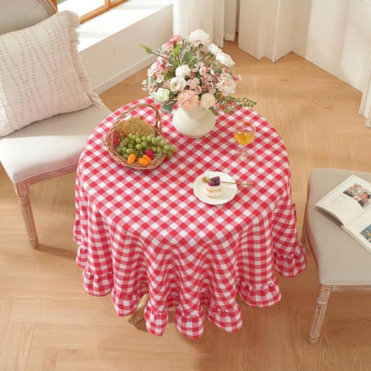 Baumwoll-Leinen Tischdecke Rüschen 140x300cm – Landhausstil