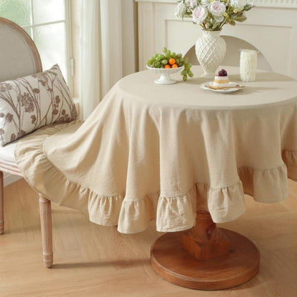 Baumwoll-Leinen Tischdecke Rüschen 152x305cm – Beige Landhausstil