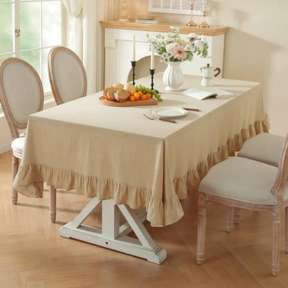 Baumwoll-Leinen Tischdecke Rüschen 152x305cm – Beige Landhausstil