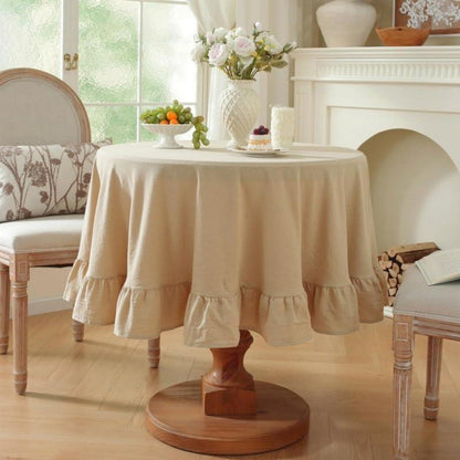 Baumwoll-Leinen Tischdecke Rüschen 152x305cm – Beige Landhausstil
