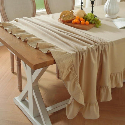 Runde Baumwoll-Leinen Tischdecke mit Rüschen | 180cm | Beige