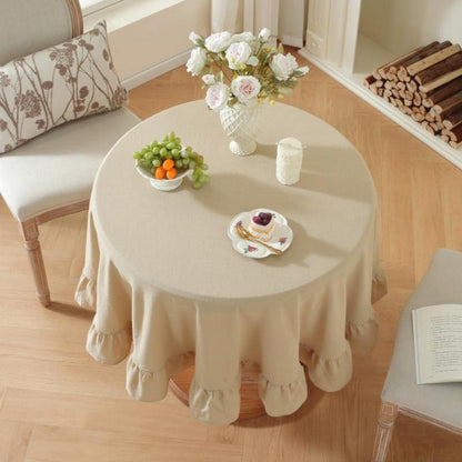 Runde Baumwoll-Leinen Tischdecke mit Rüschen | 180cm | Beige