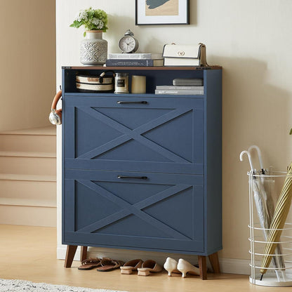 Schmaler Schuhschrank blau mit 2 Klappen – Rattan & Boho-Stil