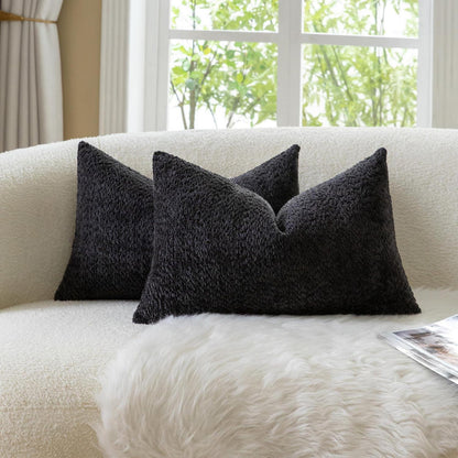 2x Chenille Kissenbezug Schwarz 30x50cm - Weiche Bouclé Optik