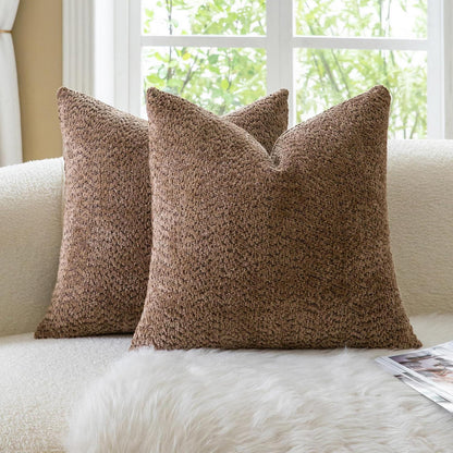 2x Chenille Kissenbezug 40x40cm Braun - Weiche Bouclé Optik