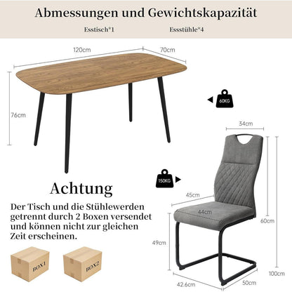 Moderner Esstisch mit 4 grauen Stühlen (120cm)