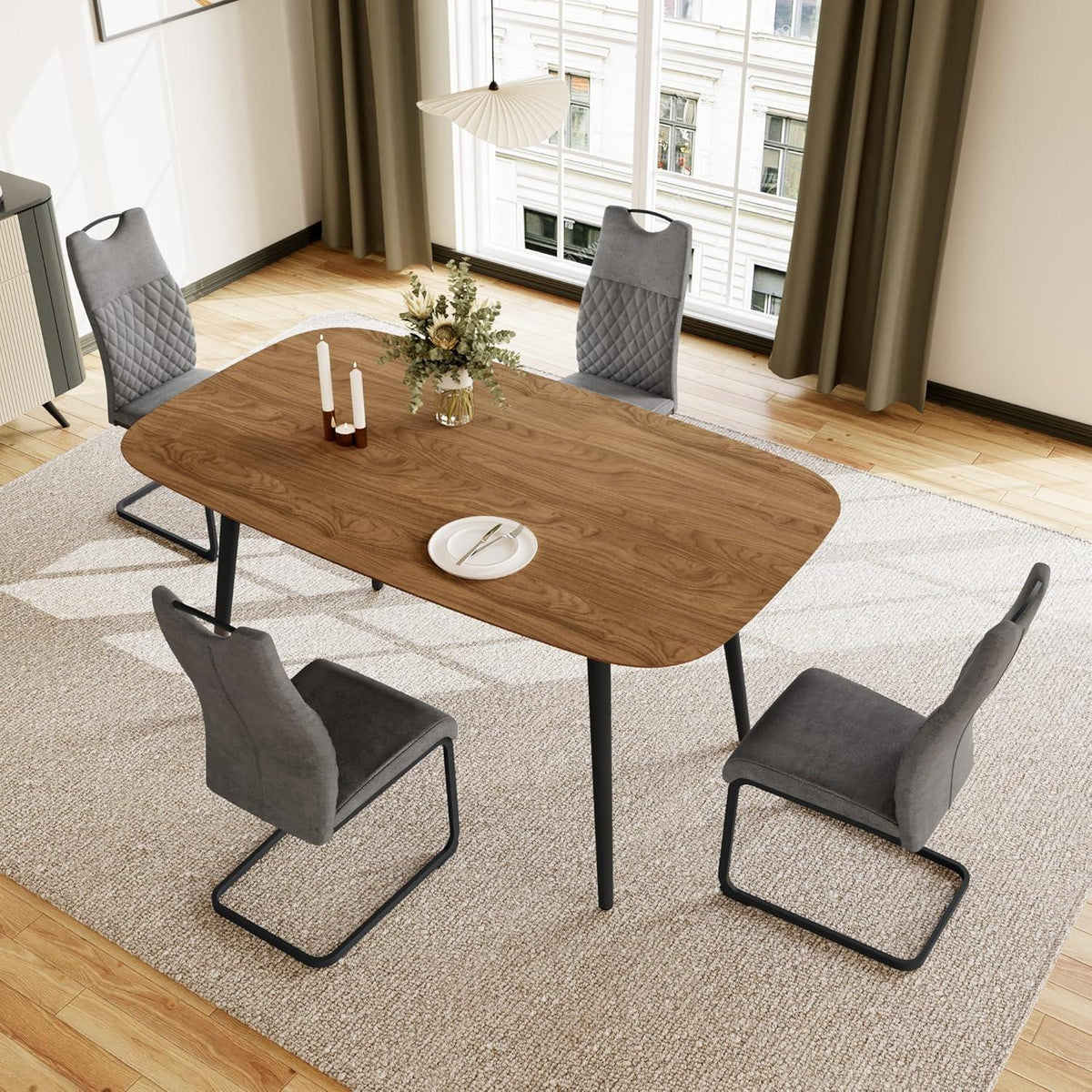 Moderner Esstisch mit 4 grauen Stühlen (120cm)