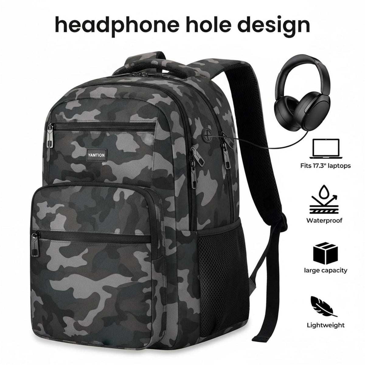 Laptop Rucksack 17,3 Zoll – Wasserdichter Schulrucksack Schwarz Camo