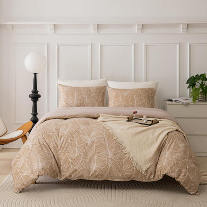 Mikrofaser Bettwäsche Set 135x200 cm Beige Blätter-hellbraun
