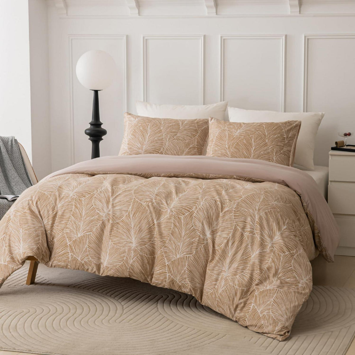 Mikrofaser Bettwäsche Set 135x200 cm Beige Blätter-hellbraun