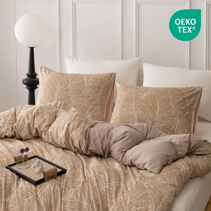 Mikrofaser Bettwäsche Set 135x200 cm Beige Blätter-hellbraun