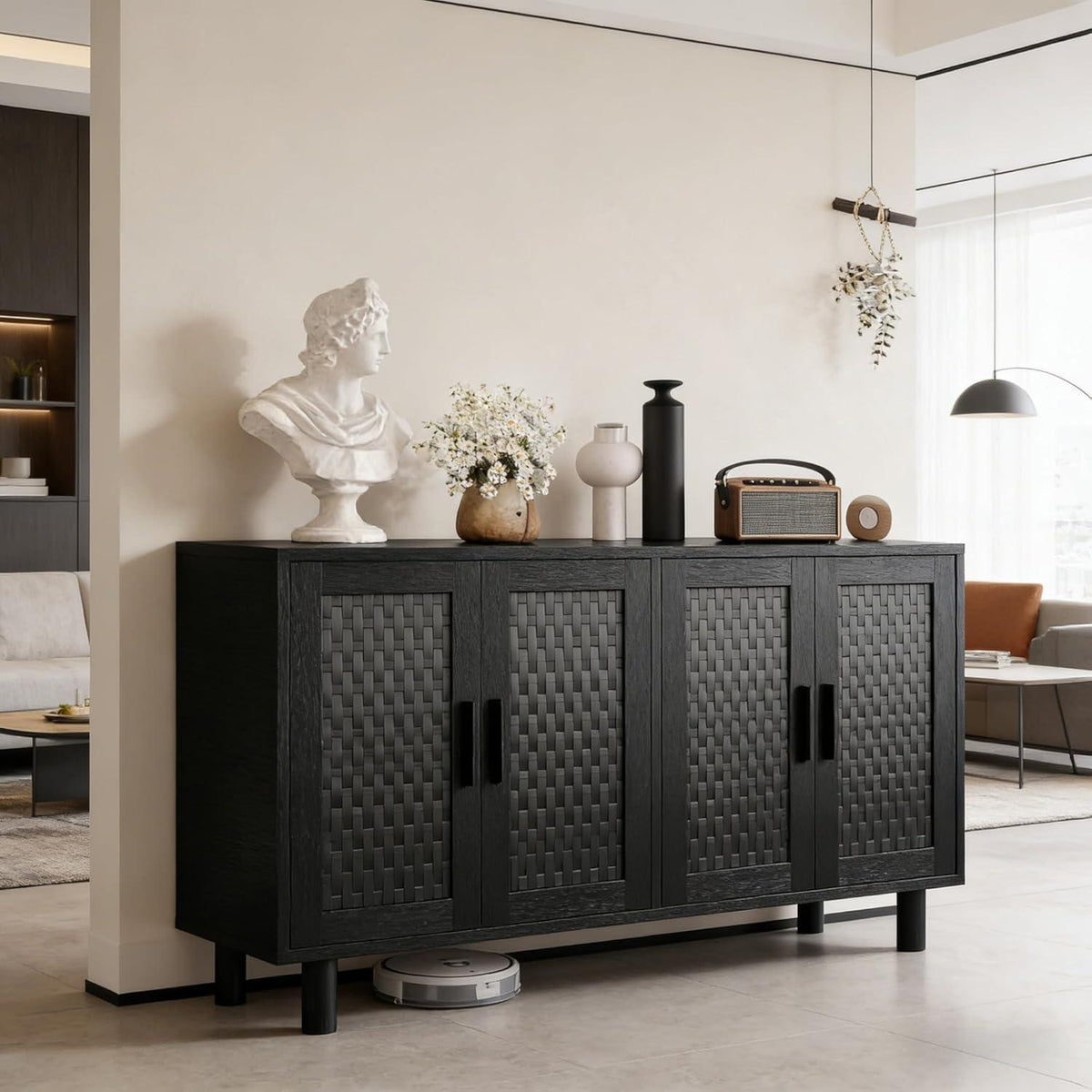 Retro Sideboard mit Rattan – 140x40x80cm, verstellbare Böden