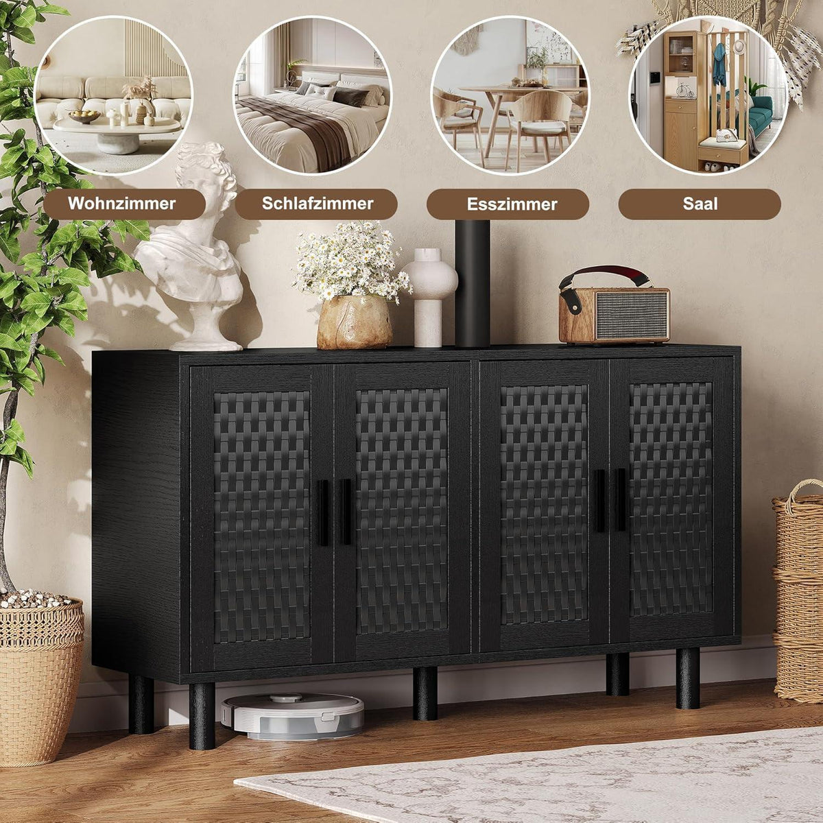 Retro Sideboard mit Rattan – 140x40x80cm, verstellbare Böden