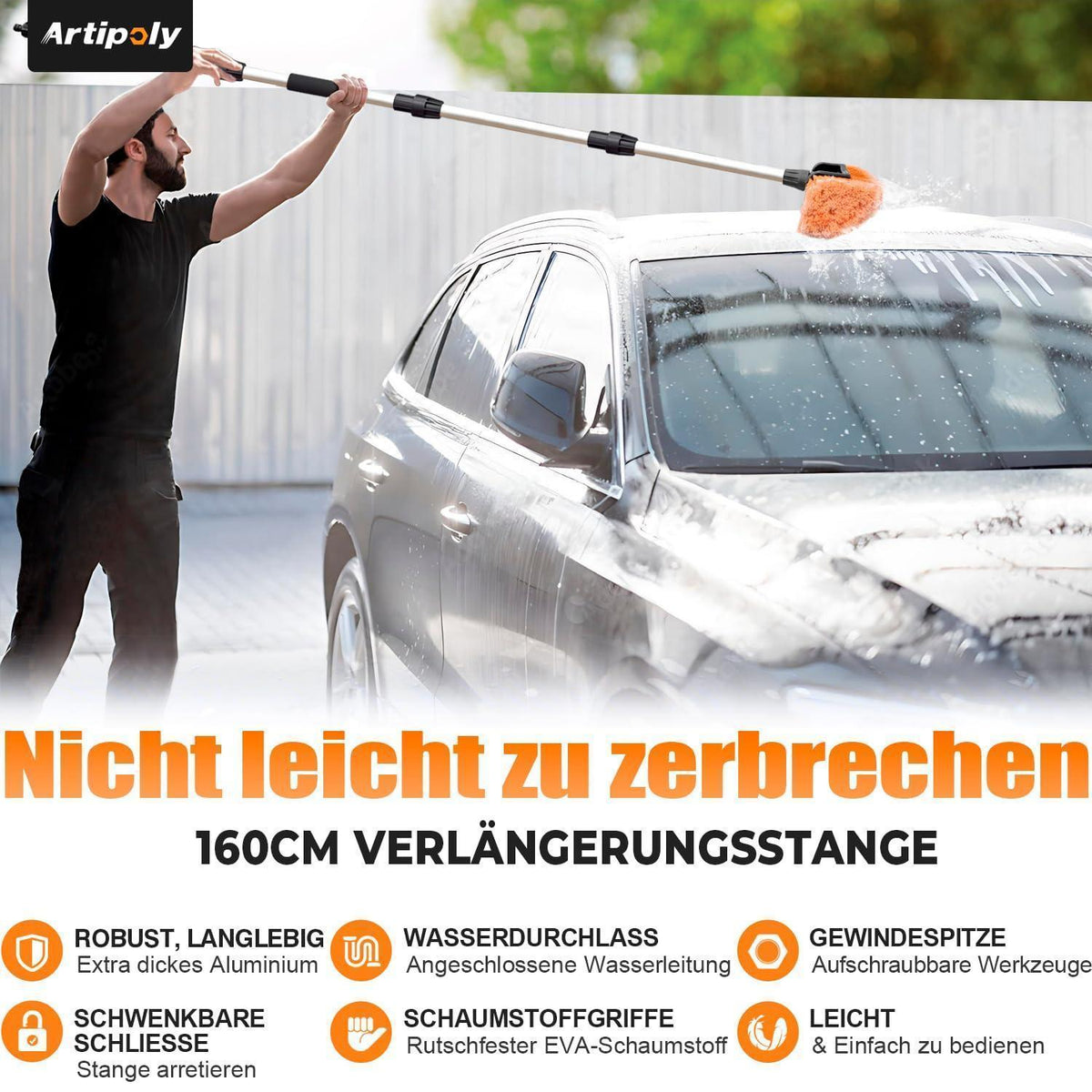 Autowaschbürste mit langem Griff und Wasseranschluss, 160cm