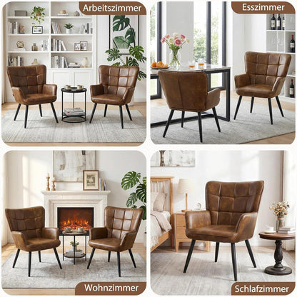2er Set Ohrensessel Braun – Skandinavischer Wohnzimmer Sessel in Lederoptik