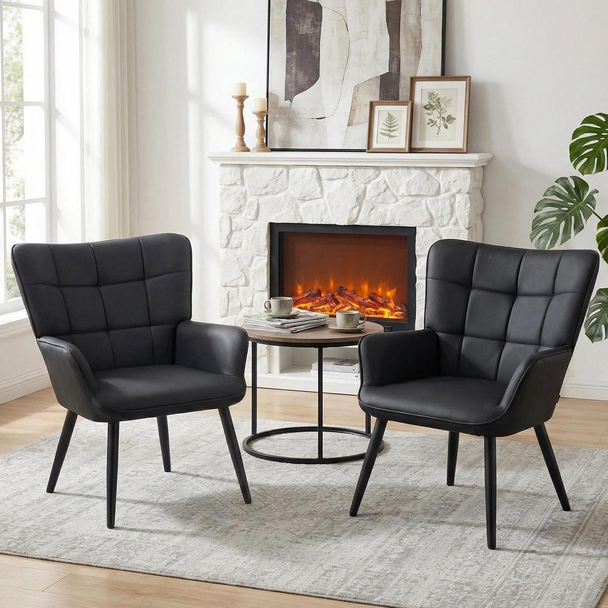 2er Set Ohrensessel Wohnzimmer Schwarz - Skandinavischer Stil