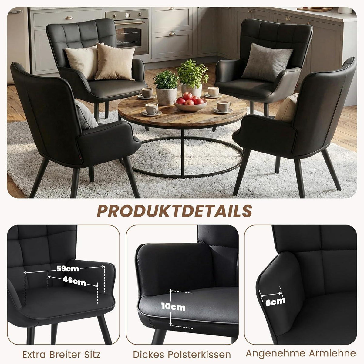 2er Set Ohrensessel Wohnzimmer Schwarz - Skandinavischer Stil